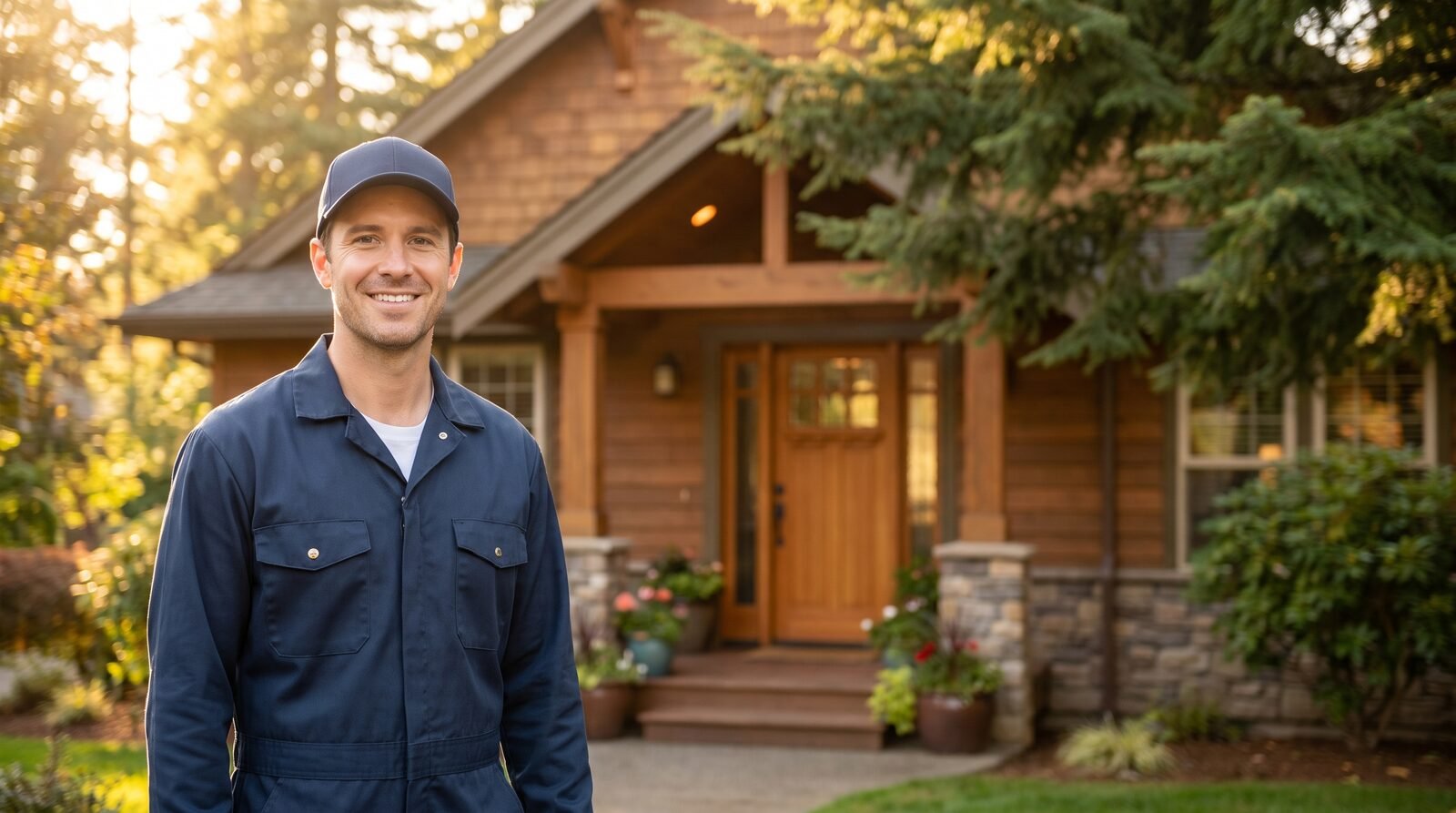 Friendly Melton's HVAC technician in front of a Salem home