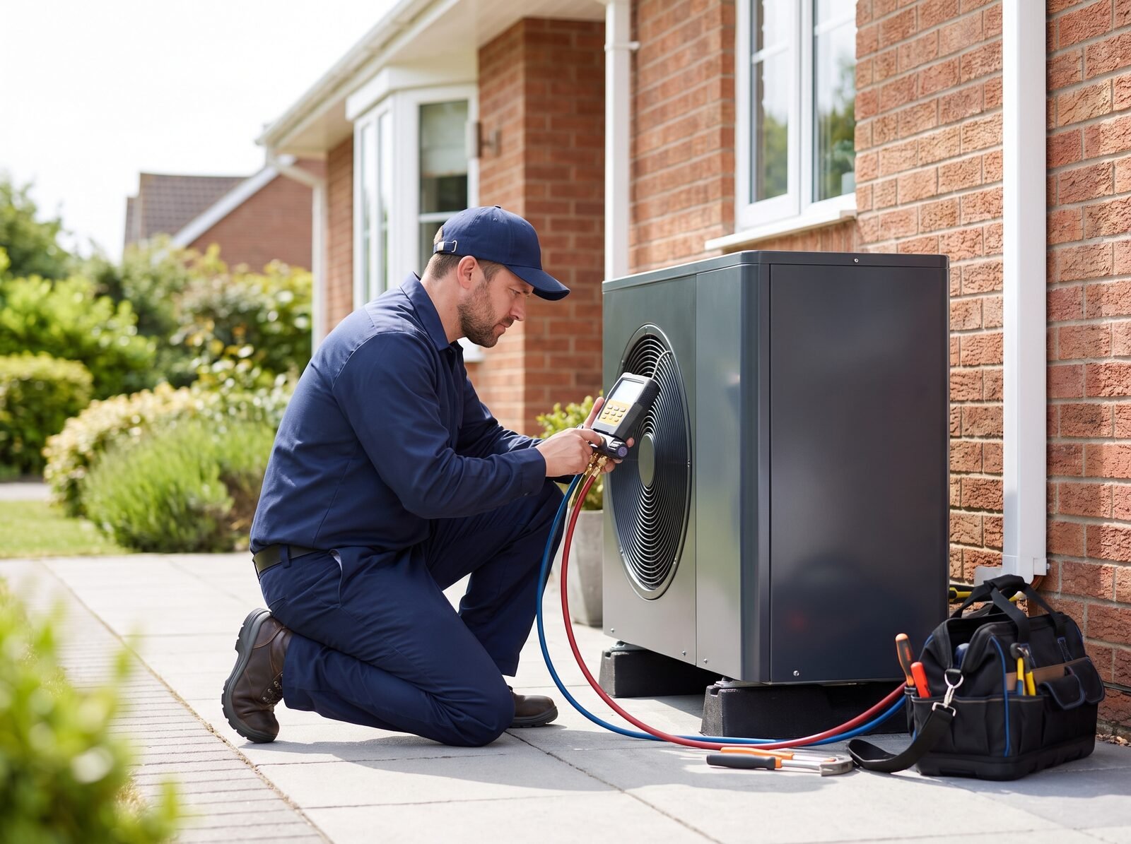 Melton's technician servicing a heat pump at a Salem home